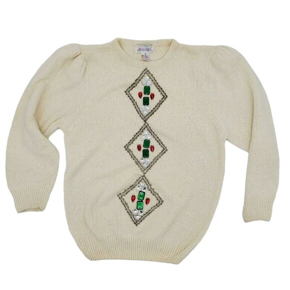 Vintage 1980s Gladys Bagley Angora Silk Jewel Beaded Ivory Sweater Medium - Picture 1 of 4